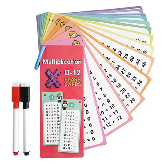 Multiplication Flash Cards 0-12 with Dry Erase Markers, Educational Math Learning Tool, Rainbow Coloured Cards
