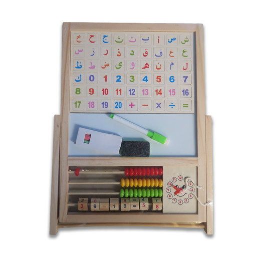 Educational Wooden Learning Board, Arabic Letters and Numbers, Multi-Function with Abacus and Clock, Teaching